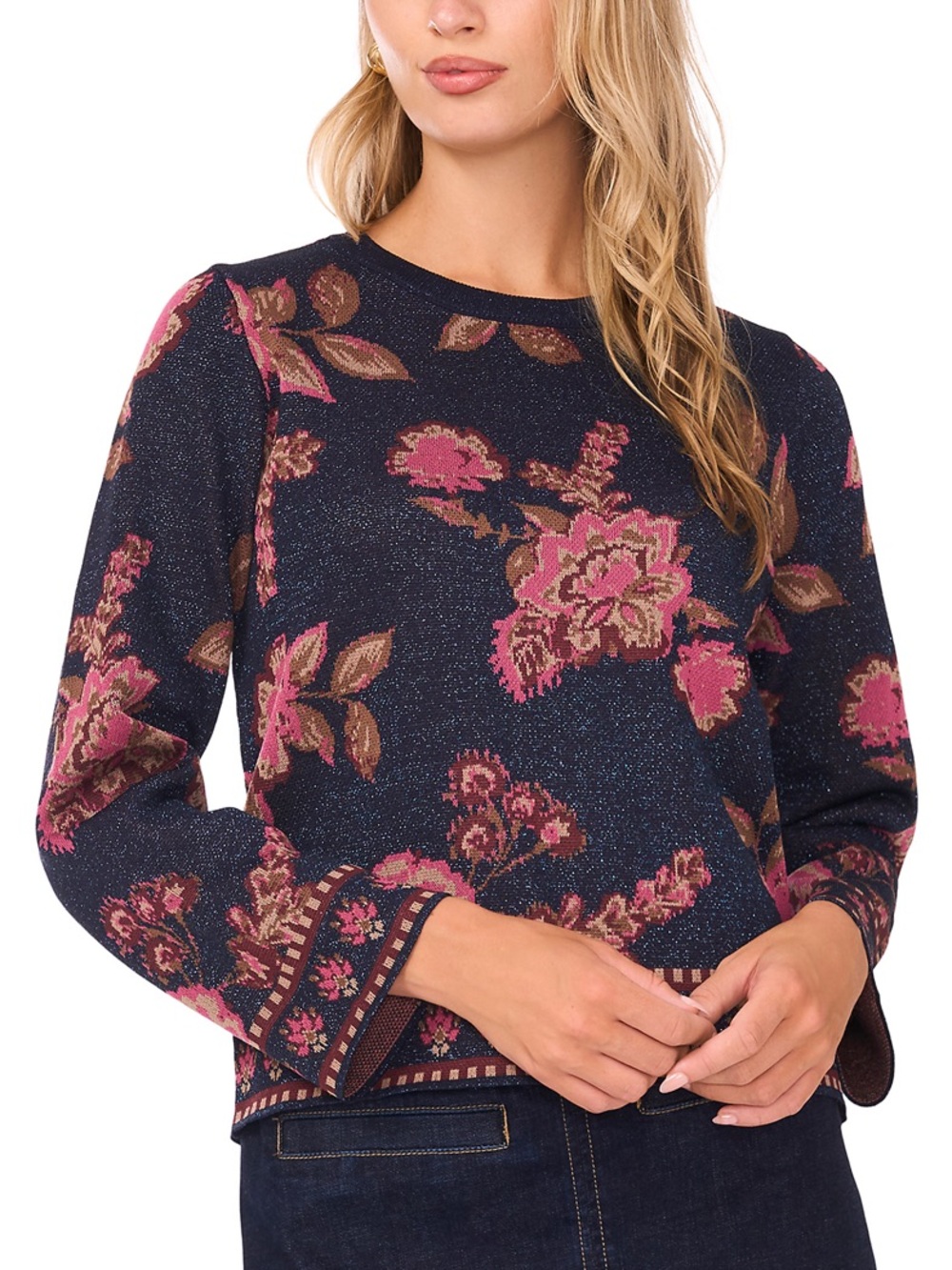 VINCE CAMUTO NWT M Floral Jacquard Sweater Classic Navy Blue Pink Sparkle